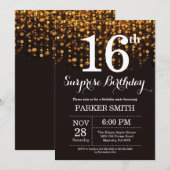 Surprise 16th Birthday Invitation Gold Glitter Kaart (Voorkant / Achterkant)