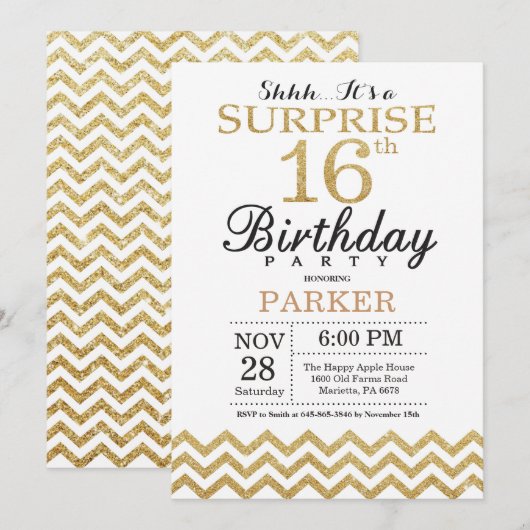 Surprise 16th Birthday Invitation Gold Glitter Kaart (Voorkant / Achterkant)