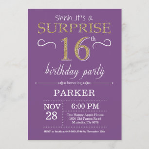 Surprise 16th Birthday Invitation Paars and Gold Kaart