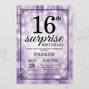 Surprise 16th Birthday Invitation Paars Glitter Kaart