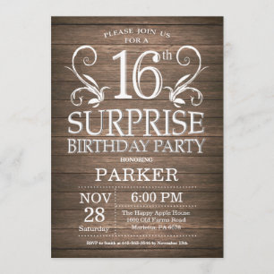 Surprise 16th Birthday Invitation Rustic Wood Kaart