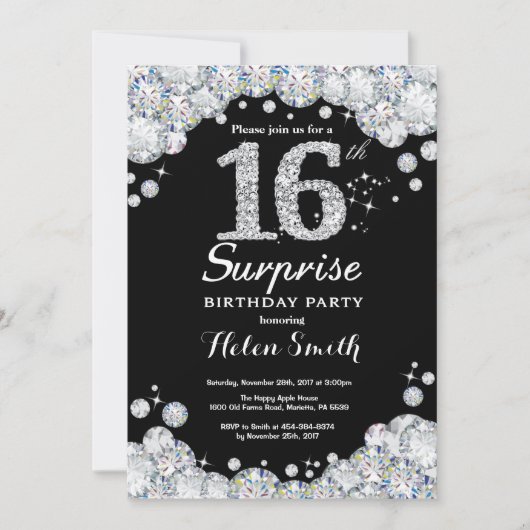 Surprise 16th Birthday Invitation Silver Diamond Kaart (Voorkant)