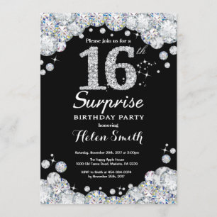 Surprise 16th Birthday Invitation Silver Diamond Kaart