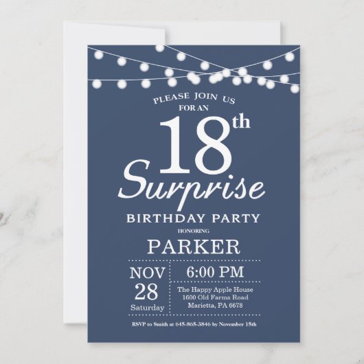 Surprise 18e anniversaire Invitation Bleu (Devant)