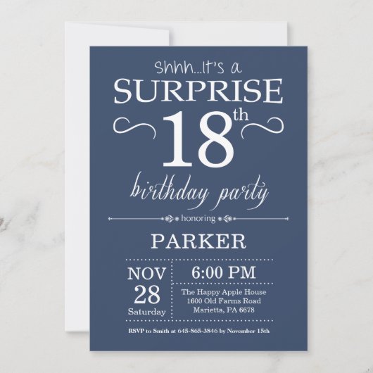 Surprise 18e anniversaire Invitation Blue (Devant)