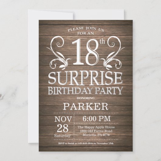 Surprise 18e anniversaire Invitation Bois rustique (Devant)