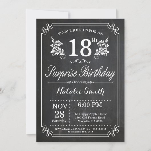 Surprise 18e anniversaire Invitation Chalkboard (Devant)