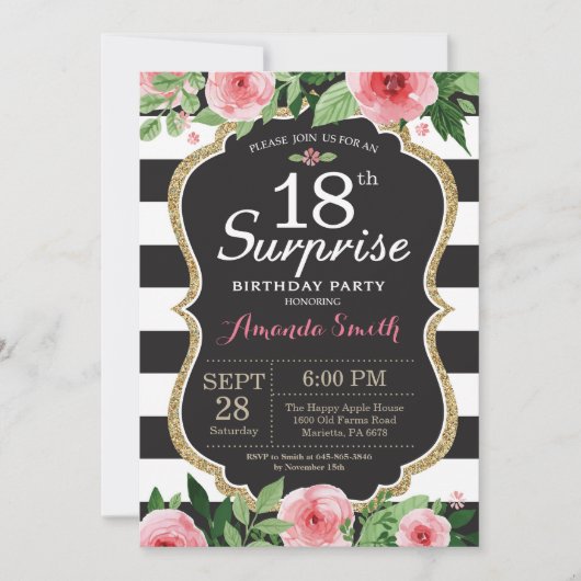 Surprise 18e anniversaire Invitation Femmes. Flora (Devant)