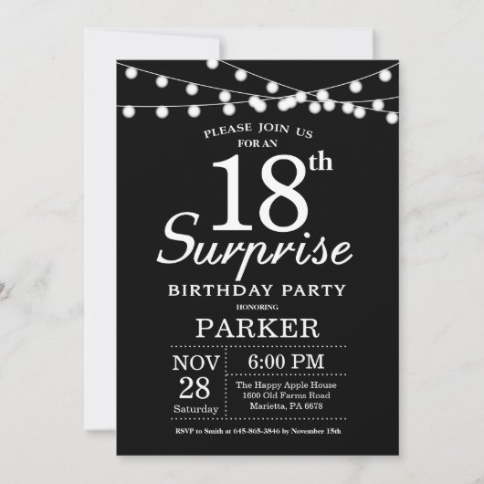Surprise 18e anniversaire Invitation noir et blanc (Devant)