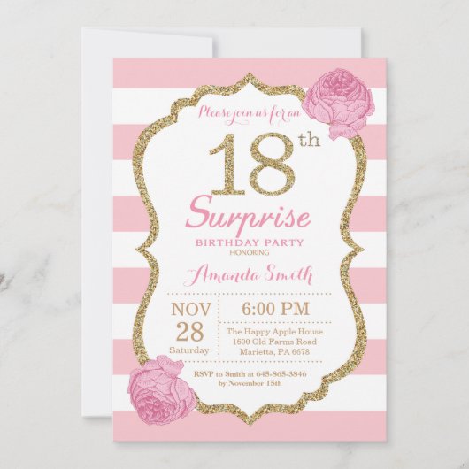 Surprise 18e anniversaire Invitation rose et or (Devant)