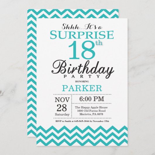 Surprise 18e anniversaire Invitation Turquoise Che (Devant / Derrière)