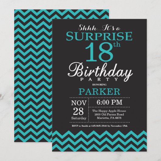 Surprise 18th Birthday Invitation Black en Blauwgr Kaart (Voorkant / Achterkant)