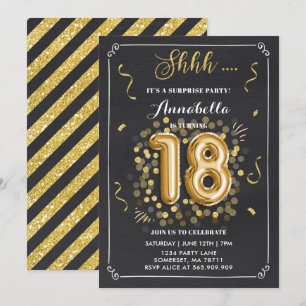 Surprise 18th Birthday Invitation Gold Chalkboard Kaart