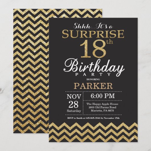 Surprise 18th Birthday Invitation Gold Glitter Kaart (Voorkant / Achterkant)