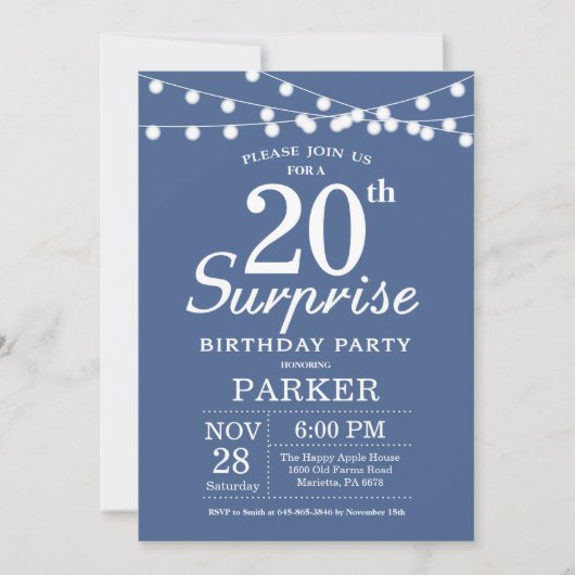 Surprise 20e anniversaire Invitation Bleu (Devant)
