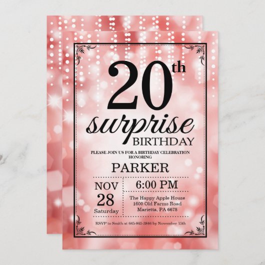 Surprise 20e anniversaire Invitation Parties scint (Devant / Derrière)