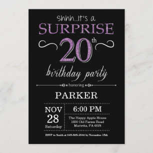 Surprise 20th Birthday Invitation Black and Paars Kaart