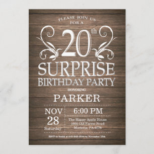 Surprise 20th Birthday Invitation Rustic Wood Kaart