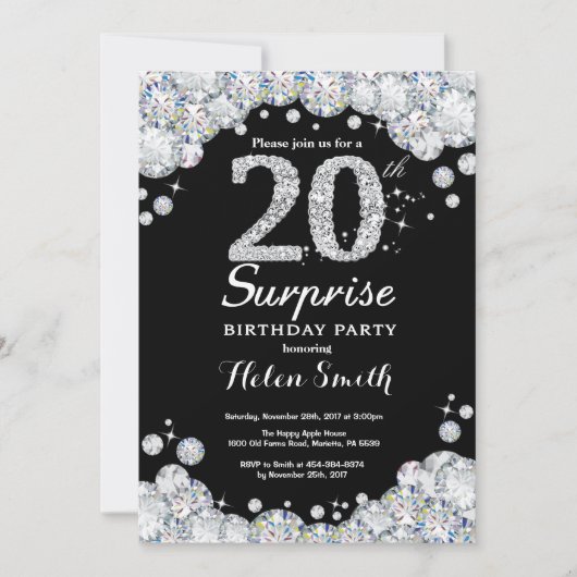 Surprise 20th Birthday Invitation Silver Diamond Kaart (Voorkant)
