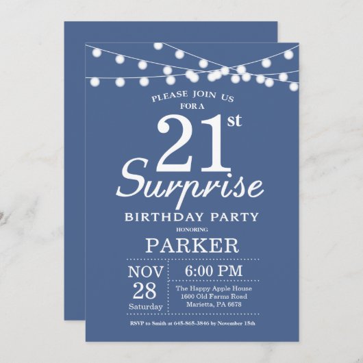 Surprise 21e anniversaire Invitation Bleu (Devant / Derrière)