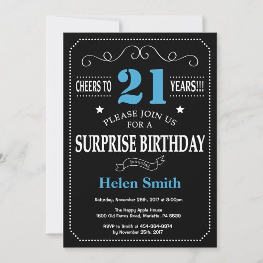 Surprise 21e anniversaire Invitation Bleu et Noir (Devant)