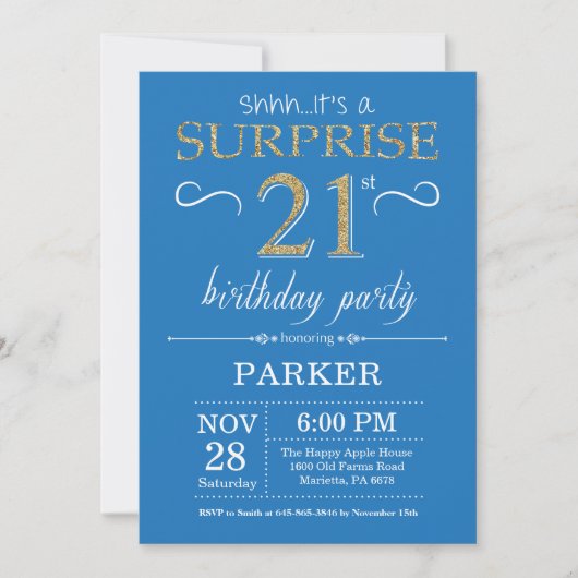 Surprise 21e anniversaire Invitation Bleu et or (Devant)