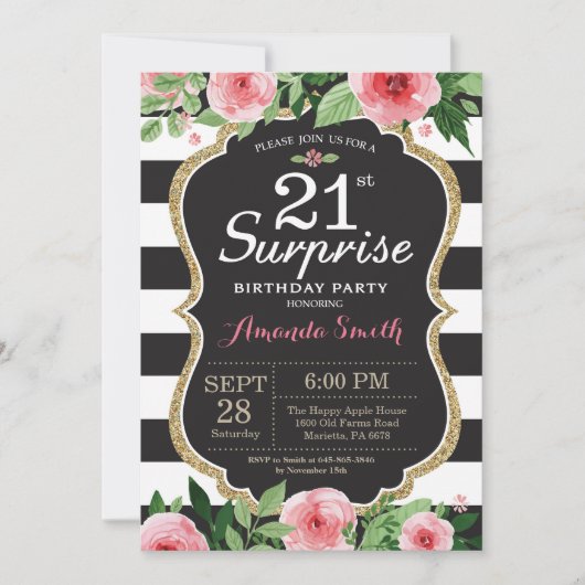 Surprise 21e anniversaire Invitation Femmes. Flora (Devant)