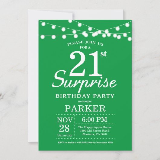 Surprise 21e anniversaire Invitation Green (Devant)
