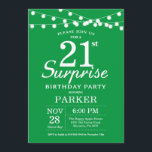 Surprise 21e anniversaire Invitation Green<br><div class="desc">Invitation surprise 21e anniversaire avec lumières à cordes. Arrière - plan vert. Anniversaire garçon ou fille. 13ème 15ème 16ème 18ème 20ème 21ème 30ème 40ème 50ème 60ème 70ème 80ème 90ème 100ème, Tout âge. Pour plus de personnalisation, cliquez sur le bouton "Customiser" et utilisez notre outil de conception pour modifier ce modèle....</div>