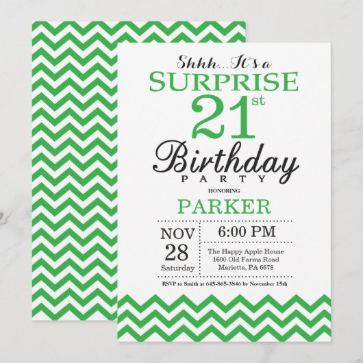 Surprise 21e anniversaire Invitation Green Chevron (Devant / Derrière)