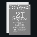 Surprise 21e anniversaire Invitation Gris et blanc<br><div class="desc">Invitation surprise 21e anniversaire avec lumières à cordes. Arrière - plan gris. Anniversaire garçon ou fille. 13ème 15ème 16ème 18ème 20ème 21ème 30ème 40ème 50ème 60ème 70ème 80ème 90ème 100ème, Tout âge. Pour plus de personnalisation, cliquez sur le bouton "Customiser" et utilisez notre outil de conception pour modifier ce modèle....</div>