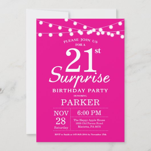Surprise 21e anniversaire Invitation Hot Pink (Devant)