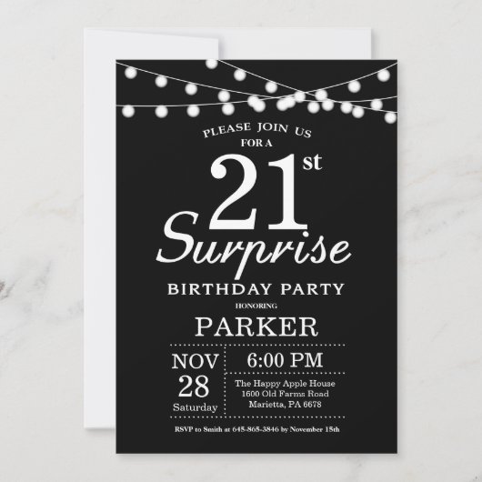 Surprise 21e anniversaire Invitation noir et blanc (Devant)