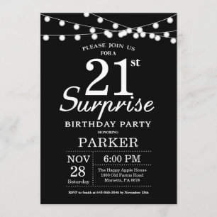 Surprise 21e anniversaire Invitation noir et blanc