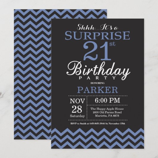 Surprise 21e anniversaire Invitation noir et bleu (Devant / Derrière)