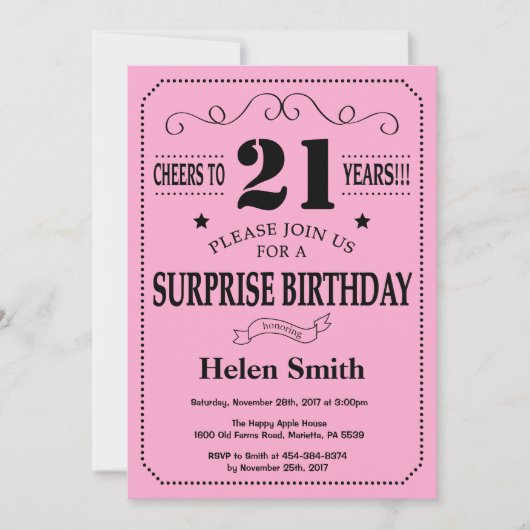Surprise 21e anniversaire Invitation noir et rose (Devant)