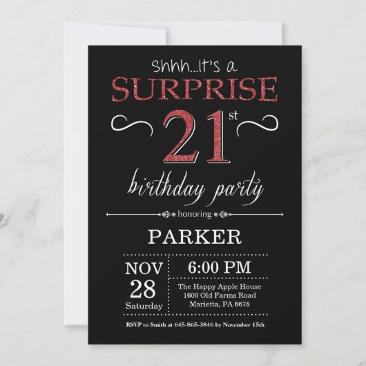 Surprise 21e anniversaire Invitation Noir et Rouge (Devant)