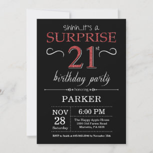 Surprise 21e anniversaire Invitation Noir et Rouge