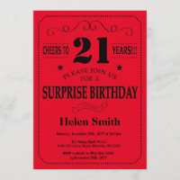 Surprise 21e anniversaire Invitation Noir et Rouge
