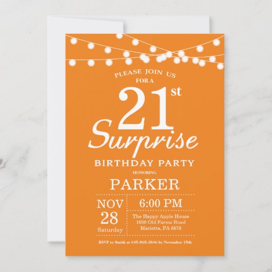 Surprise 21e anniversaire Invitation Orange (Devant)