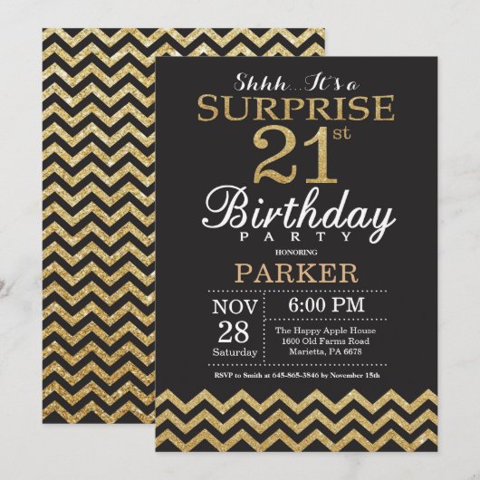 Surprise 21e anniversaire Invitation Parties scint (Devant / Derrière)