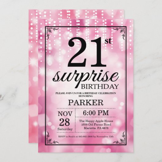 Surprise 21e anniversaire Invitation Parties scint (Devant / Derrière)