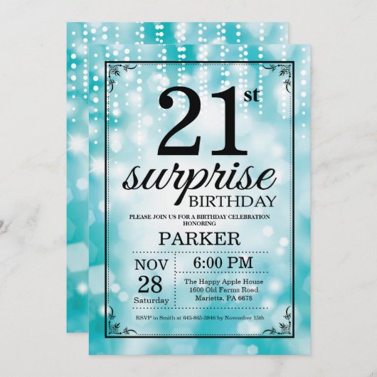 Surprise 21e anniversaire Invitation Parties scint (Devant / Derrière)