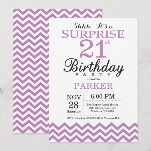 Surprise 21e anniversaire Invitation Purple Chevro (Devant / Derrière)