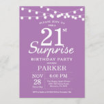 Surprise 21e anniversaire Invitation Purple Lavend<br><div class="desc">Invitation surprise 21e anniversaire avec lumières à cordes. Arrière - plan Lavender Violet Lilac. Femme Lady Élégante anniversaire moderne. 13ème 15ème 16ème 18ème 20ème 21ème 30ème 40ème 50ème 60ème 70ème 80ème 90ème 100ème, Tout âge. Pour plus de personnalisation, cliquez sur le bouton "Customiser" et utilisez notre outil de conception pour...</div>