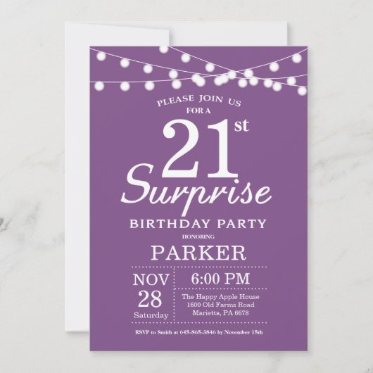 Surprise 21e anniversaire Invitation Purple Lavend (Devant)