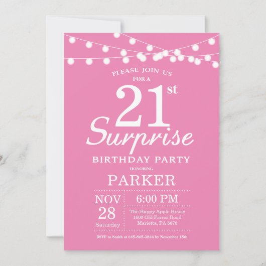Surprise 21e anniversaire Invitation rose (Devant)