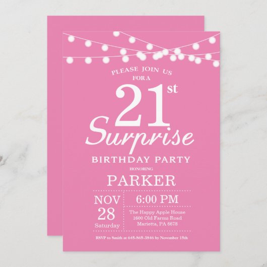 Surprise 21e anniversaire Invitation rose (Devant / Derrière)