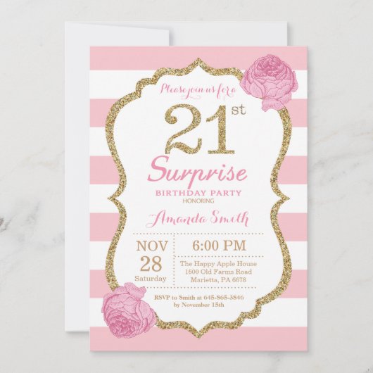 Surprise 21e anniversaire Invitation rose et or (Devant)