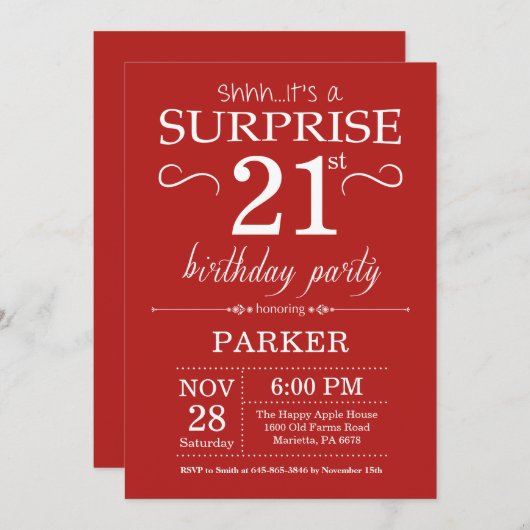 Surprise 21e anniversaire Invitation Rouge (Devant / Derrière)